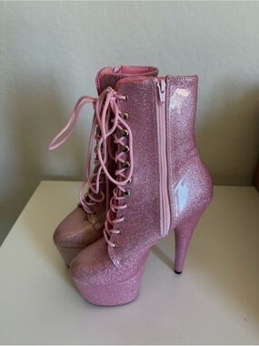 Pleaser Sparkle Pink Platform Lace-Up Ankle Boots 8